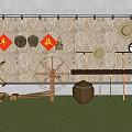 Industrial Equipment Display With Traditional Tools Windmill And Green Grass Setting