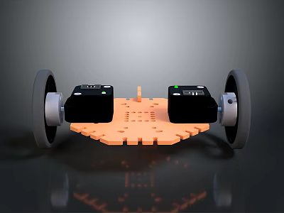 Small Robot With Two Large Wheels Orange Base Plate Black Components And Green Indicators 3d model