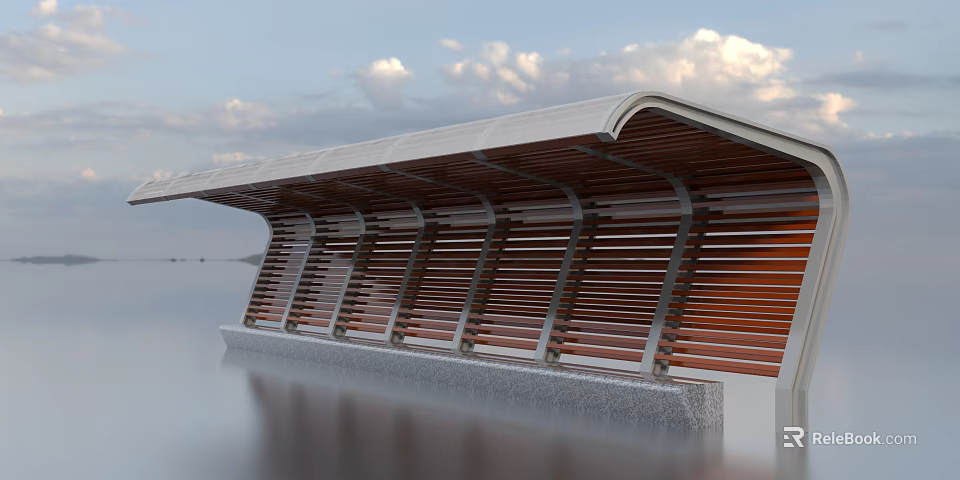 Modern Waterfront Pergola With Curved Roof Wooden Slats Metal Supports And Stone Base 3d model 