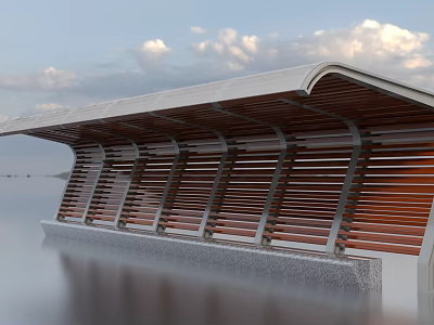 Modern Waterfront Pergola With Curved Roof Wooden Slats Metal Supports And Stone Base 3d model