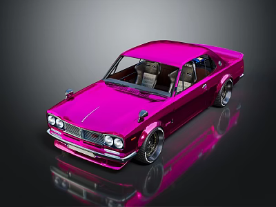 Pink Customized Vintage Sedan With Shiny Metallic Finish And Dark Background Reflection 3d model
