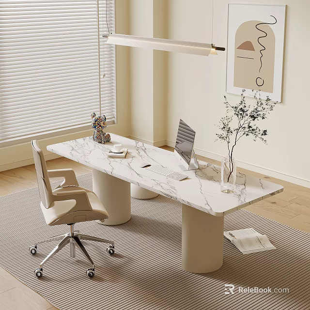 Elegant Home Workspace With White Marble Desk Beige Chair Blinds And Wall Art 3d model 