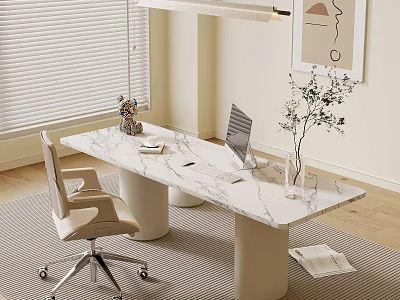 Elegant Home Workspace With White Marble Desk Beige Chair Blinds And Wall Art 3d model