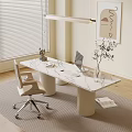 Elegant Home Workspace With White Marble Desk Beige Chair Blinds And Wall Art