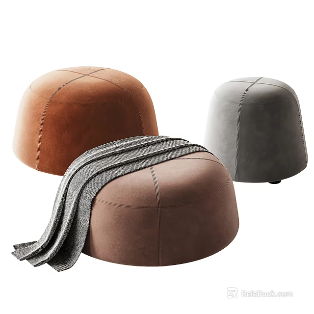 Modern Stylish Round Brown Gray Velvet Ottoman With Striped Blanket Design 3d model 