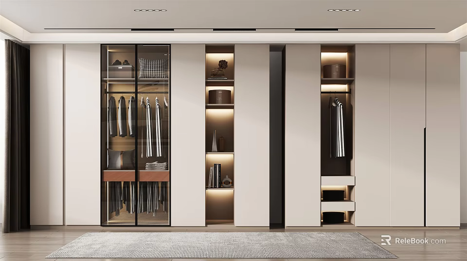 Modern Open Wardrobe Design With Glass Doors Hanging Area And Storage Compartments 3d model 