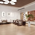 Modern Activity Room With Wooden Flooring Ceiling Strips And Blue Wall Decor Icons