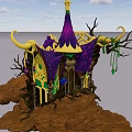 Cartoon Fantasy House Scene With Purple Yellow Spire And Twisted Branches On Rocky Ground