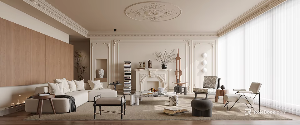 Elegant Living Room Interior With Decorative Ceiling Fireplace White Sofa Stacked Books And Armchair 3d model 