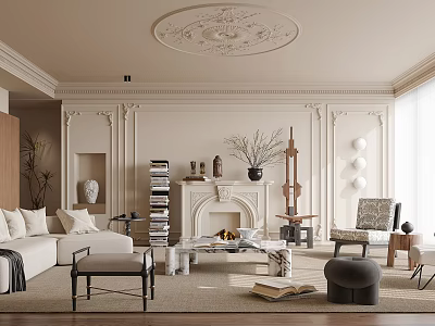Elegant Living Room Interior With Decorative Ceiling Fireplace White Sofa Stacked Books And Armchair 3d model