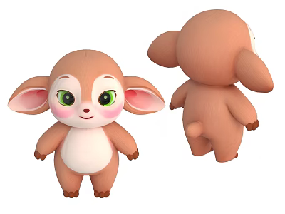 Cute Brown Plush Toy With Big Ears Green Eyes White Belly Front And Back Views 3d model