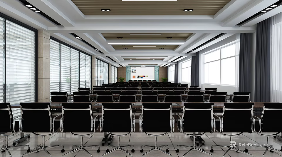 Modern Conference Room Interior With Black Chairs Large Windows And Ceiling Lights 3d model 