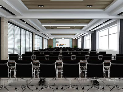 Modern Conference Room Interior With Black Chairs Large Windows And Ceiling Lights 3d model