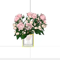 Pink Roses Arrangement In Transparent Glass Vase On Wooden Table With Gray Wall