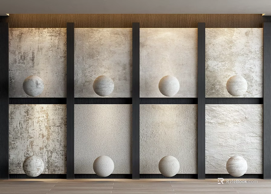White Spheres Arranged On Black Shelves With Textured Wall Background 3d model