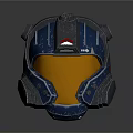 Futuristic Blue Helmet Featuring Orange Visor Gray Accents and Red Emblem Design