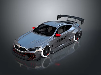 Silver Modified BMW Sports Car With Rear Spoiler Red Side Mirrors And Black Wheels 3d model