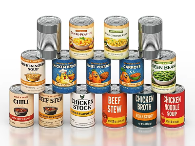 Assorted Canned Food Collection Featuring Soups Stews Vegetables And Broths 3d model