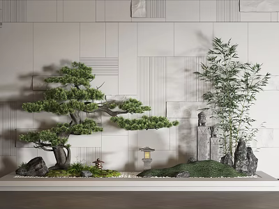 Courtyard Garden Landscape With Gray Wall Pine Tree Bamboo Stones And Lantern 3d model