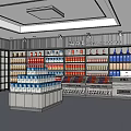 Specialty Store Interior With Colorful Product Shelves And Central Counter