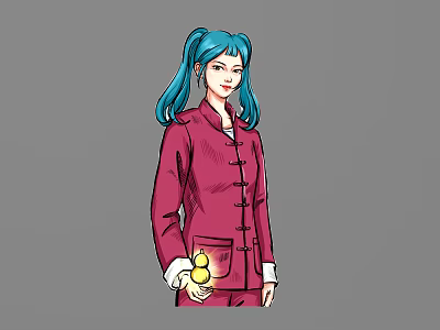Anime Game Character With Blue Pigtail Hair In Red Chinese Outfit Holding Glowing Yellow Flower 3d model