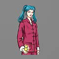 Anime Game Character With Blue Pigtail Hair In Red Chinese Outfit Holding Glowing Yellow Flower