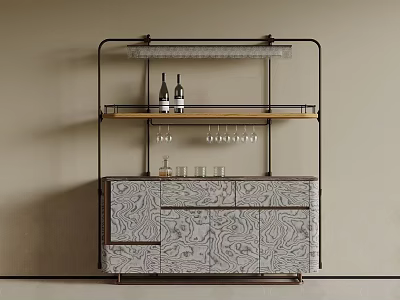 Modern Wine Cabinet With Metal Frame Shelves Patterned Doors And Wine Glasses 3d model