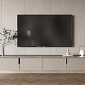 Modern TV Stand On Gray Wall With TV Decorative Plant And Herringbone Floor