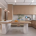 Modern Living and Dining Room With Open Concept Wooden Sofa Coffee Table Large Windows Plant