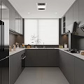Modern Kitchen Interior Design With Gray Cabinets Stainless Steel Refrigerator Window Blinds And Countertop