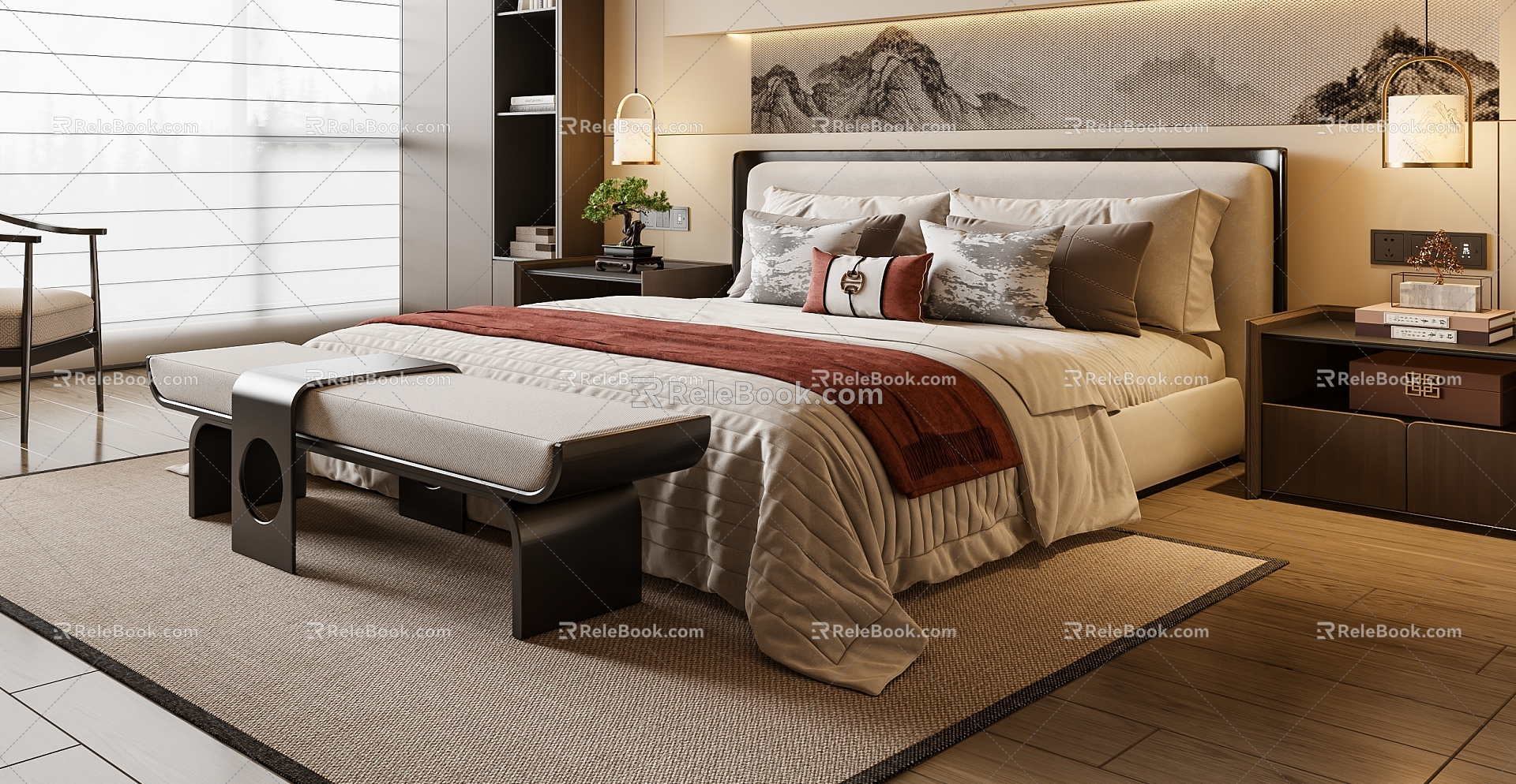 New Chinese Double Bed Fabric Double Bed 3d model