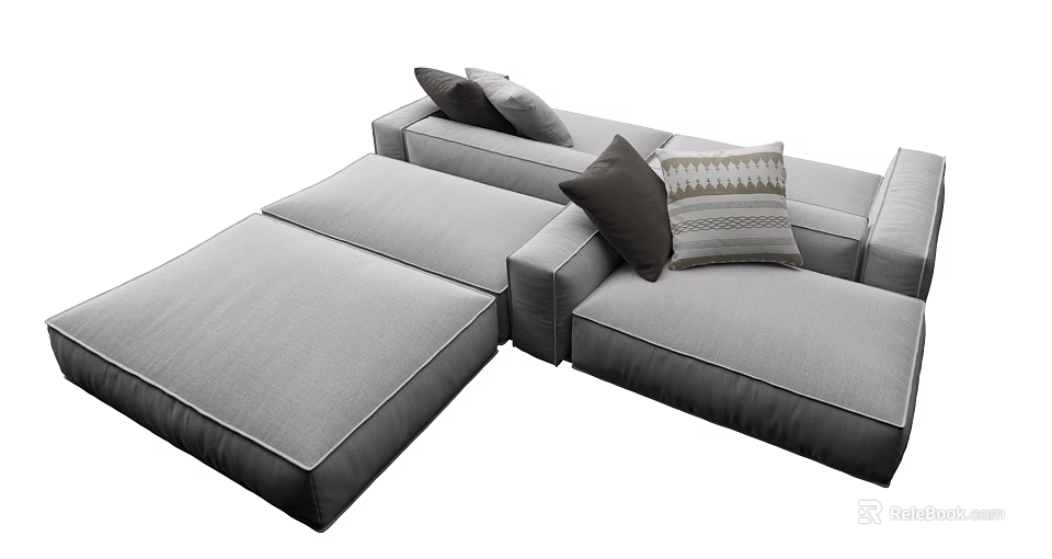 Gray L Shaped Sectional Sofa With Soft Upholstery And Decorative Throw Pillows 3d model