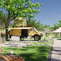 Scenic Campsite With Camper Van Tents Green Grass Pathway Trees And Evening Lighting