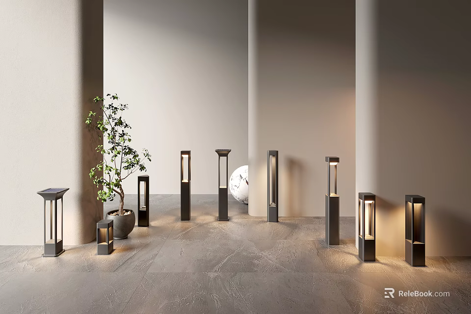 Modern Outdoor Lights Arranged In Various Heights With Potted Plant And Gray Floor 3d model 