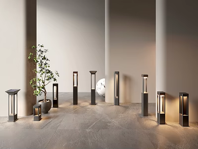 Modern Outdoor Lights Arranged In Various Heights With Potted Plant And Gray Floor 3d model