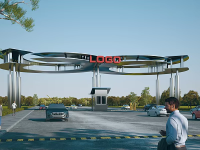 Modern Entrance Gate Structure With LOGO On Top And Cars In Parking Area 3d model