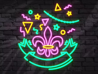 Vibrant Neon Decorative Lights Featuring Geometric Shapes Star Triangle Fleur De Lis On Brick Wall 3d model