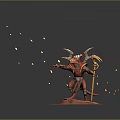 Red Demon Man with Horns Holding Staff and Golden Particles on Red Base