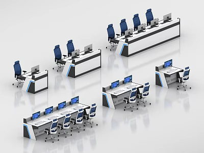 Multiple Modern Office Desks With Ergonomic Chairs And Computers In Workspace 3d model