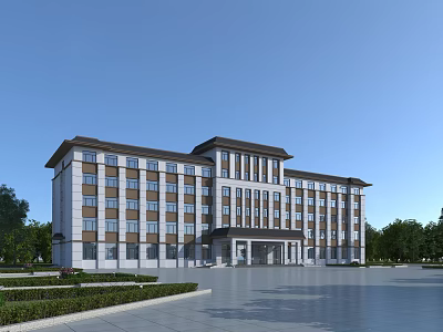 Modern Traditional Office Building With Multi Story Exterior Large Windows Landscaped Gardens And Grand Entrance 3d model
