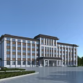 Modern Traditional Office Building With Multi Story Exterior Large Windows Landscaped Gardens And Grand Entrance