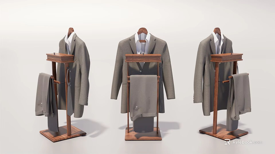 Men's Suits Display On Wooden Stands With Jackets And Pants In White Background 3d model 