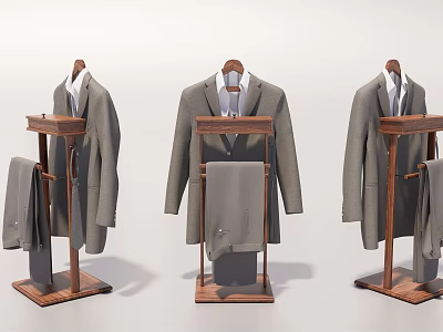 Men's Suits Display On Wooden Stands With Jackets And Pants In White Background 3d model