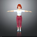 3D Female Character With Red Hair White Top Maroon Pants Arms Outstretched On Gray Background