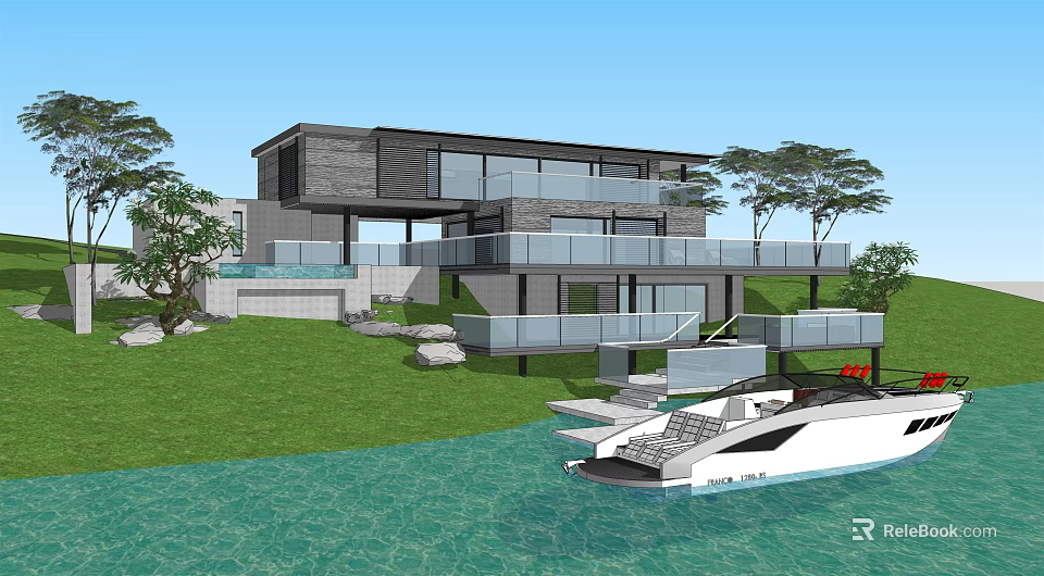 Modern Single-family Villa with Waterfront Lawn Balcony Glass Facade and Yacht 3d model 