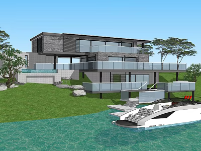 Modern Single-family Villa with Waterfront Lawn Balcony Glass Facade and Yacht 3d model