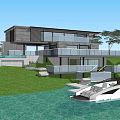 Modern Single-family Villa with Waterfront Lawn Balcony Glass Facade and Yacht
