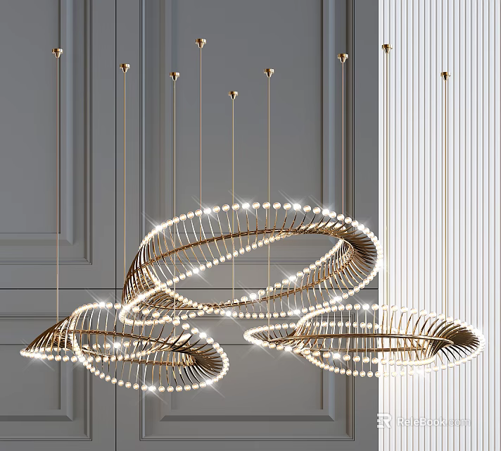Modern Circular Chandelier with Spiral Metal Rings Gold Brass Frame and Illuminated LED Bulbs 3d model 