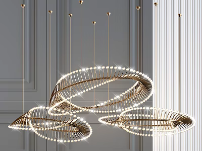 Modern Circular Chandelier with Spiral Metal Rings Gold Brass Frame and Illuminated LED Bulbs 3d model