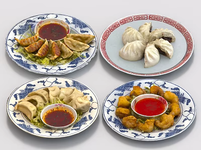 Assorted Chinese Dishes With Dumplings Buns Snacks And Sauces On Porcelain Plates 3d model